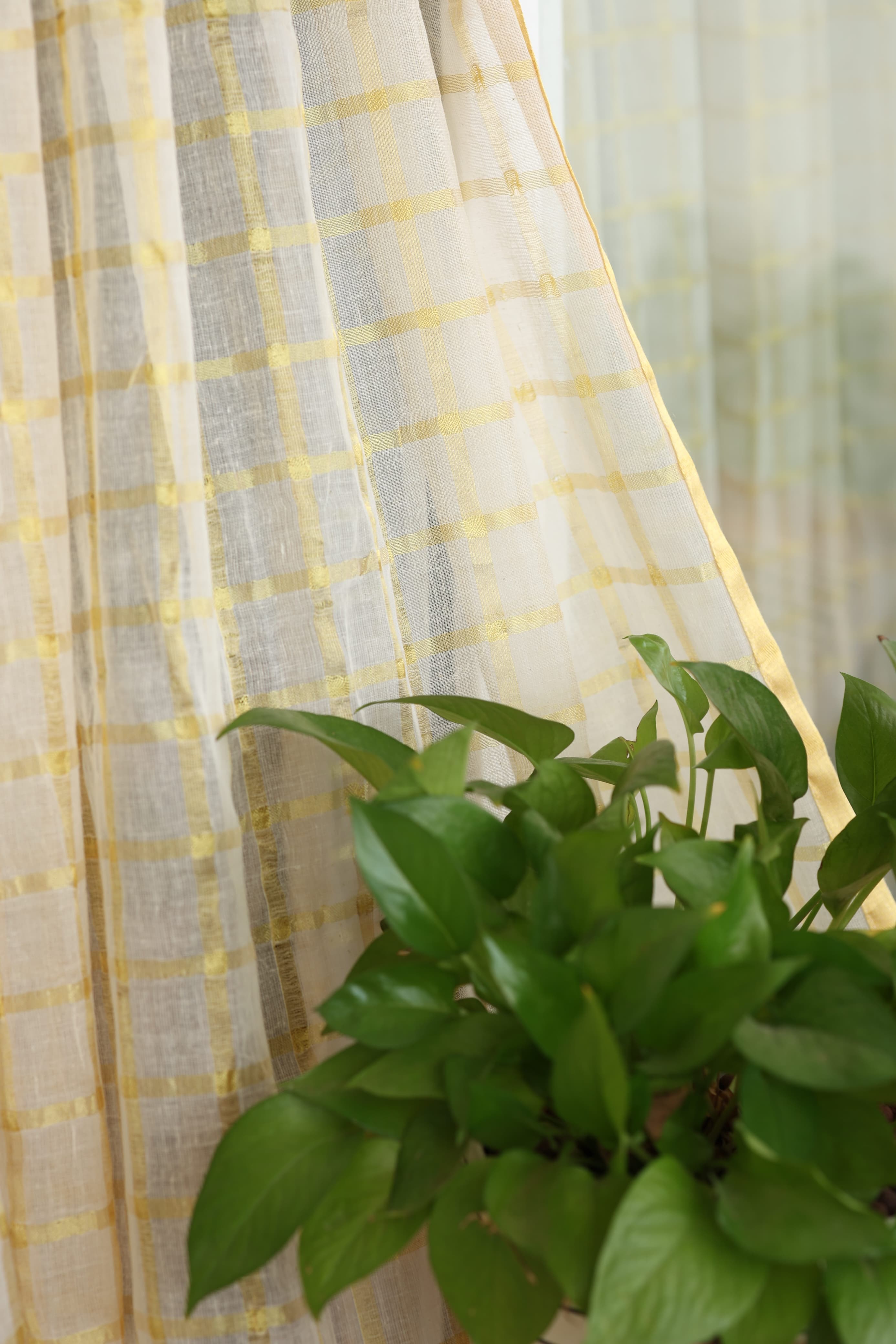 Onam Kasavu Sheer Curtain – Gold Check Elegance