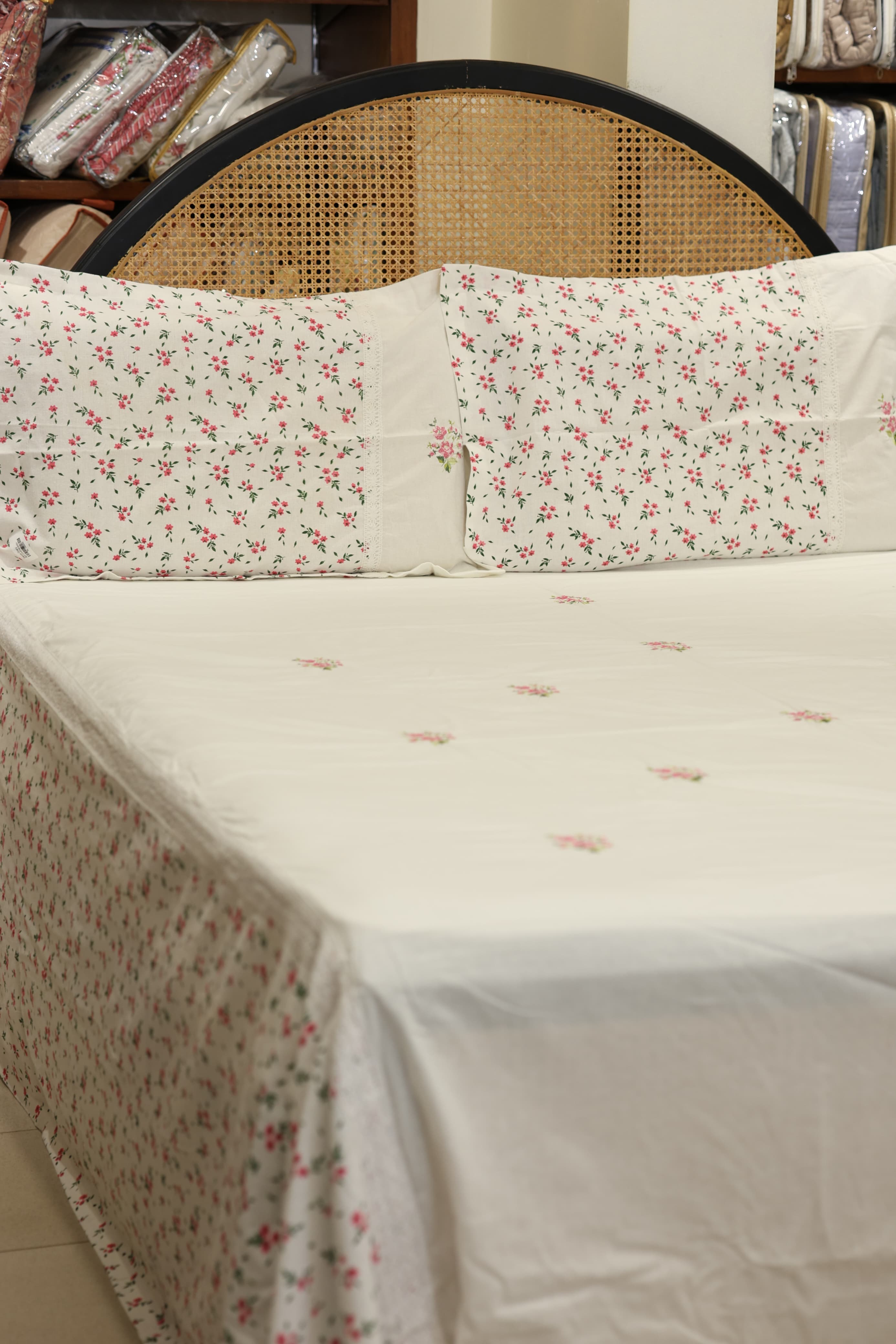 Floral Print & Cross-Stitch Embroidery Handloom Cotton Bedspread Set
