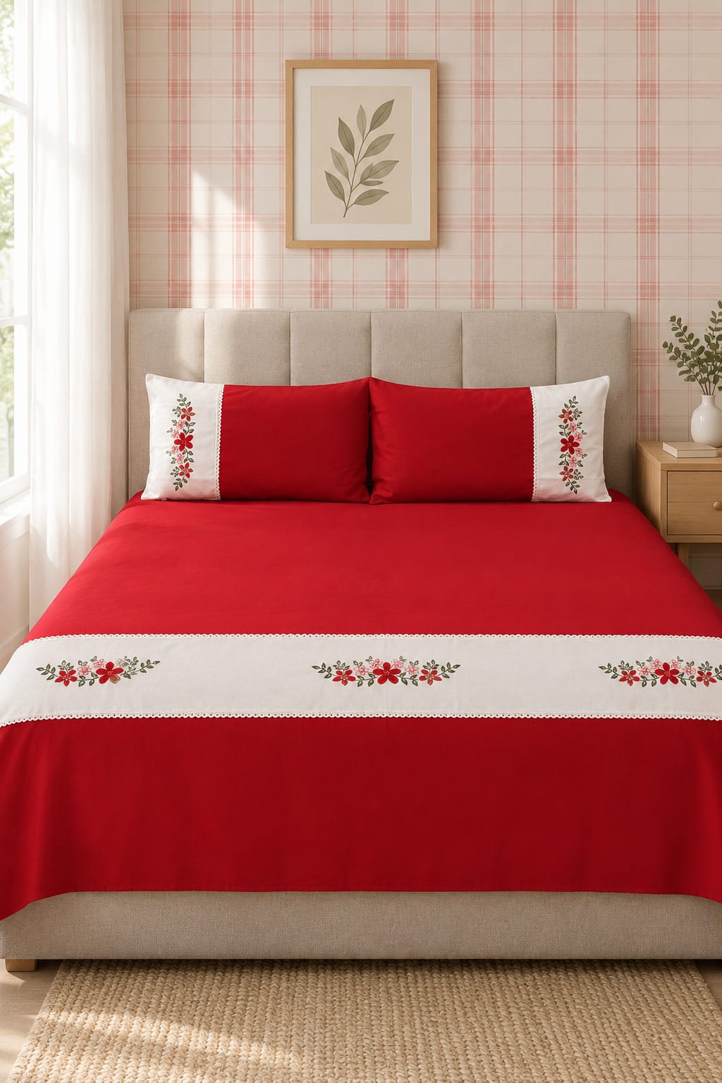 Bedsheets - Queen Premium check floral embroidery  bedsheet Xmas theme edition