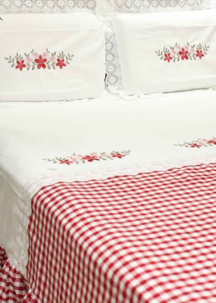 Bedsheets - Queen Premium check floral embroidery  bedsheet Xmas theme edition