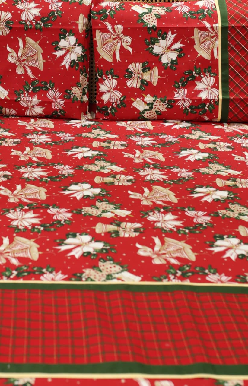 Bedsheets - Queen Premium check floral embroidery  bedsheet Xmas theme edition