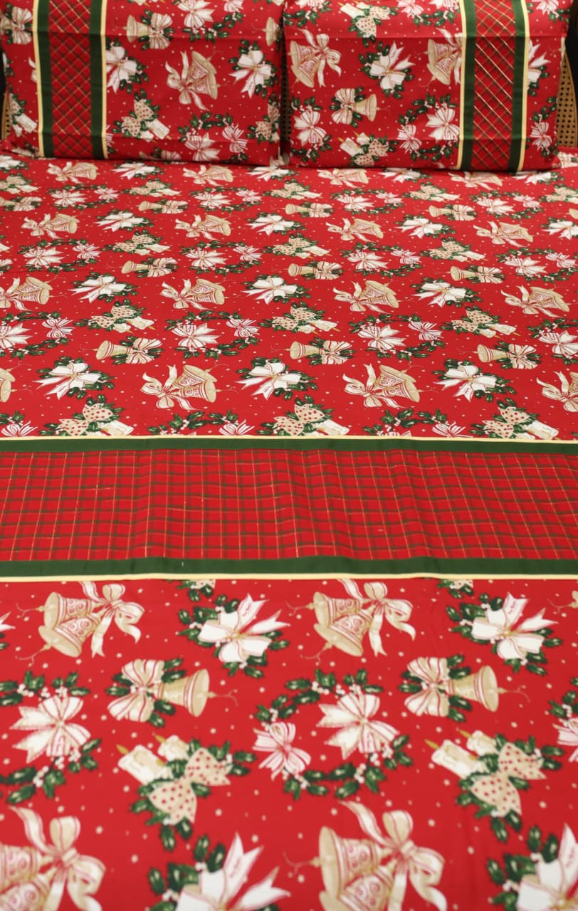 Bedsheets - Queen Premium check floral embroidery  bedsheet Xmas theme edition