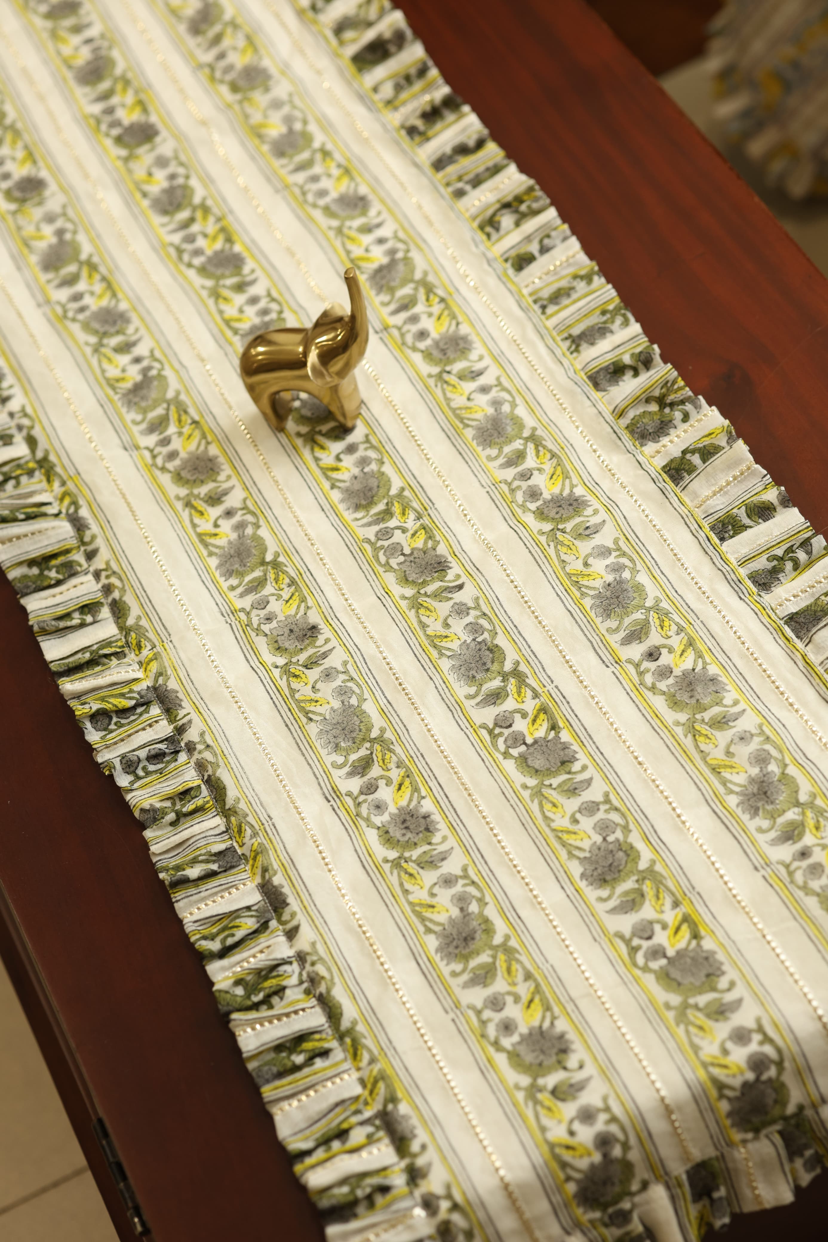 Onam Handblock Table Runner with Ruffled Edges - 4 seater