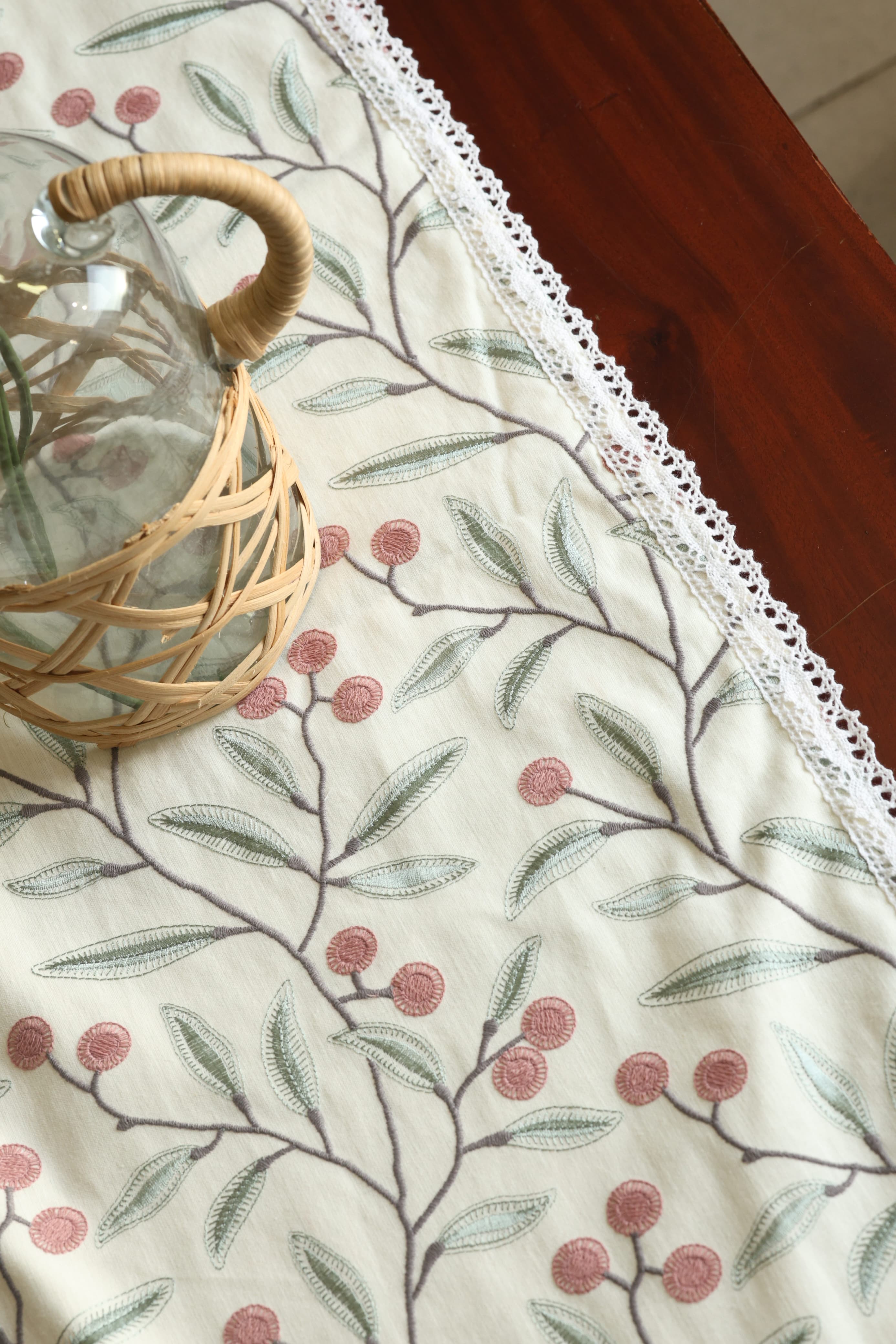 Embroidered Berry Branch 6 Seater Table Runner Lace Border